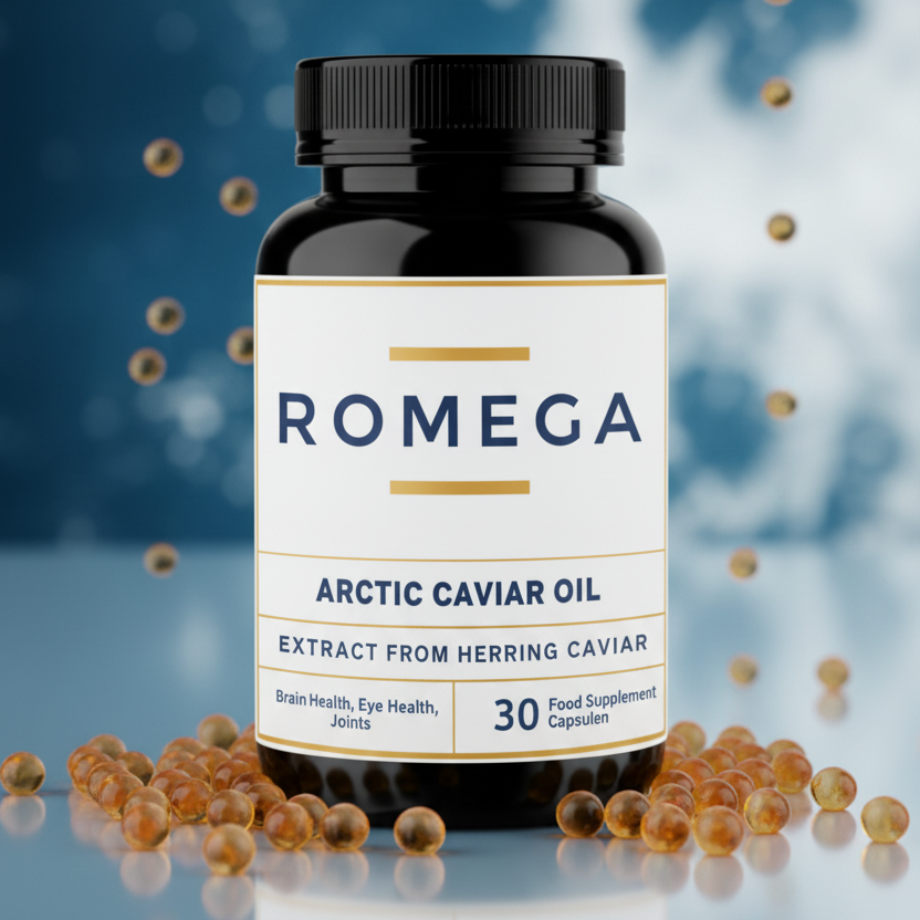 Bottle of ROMEGA Arctic Caviar Oil with a blue and white background